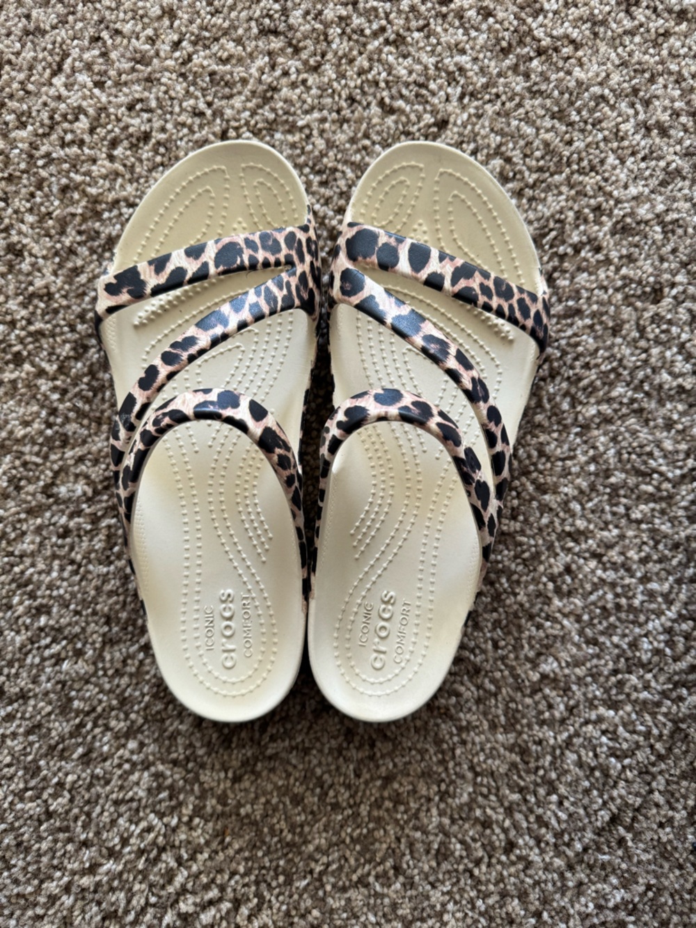 CROCS Leopard-Print Strappy Slide Sandals - Beige and Black